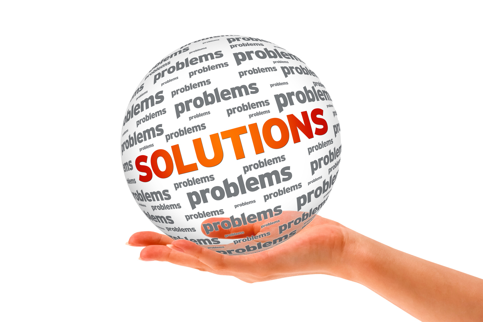 Hand holding a Solutions 3D Sphere sign on white background.